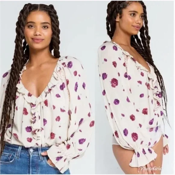 Free People Floral Poppy Printed Bodysuit Ruffle lace Cream Size S Pink - Picture 1 of 14